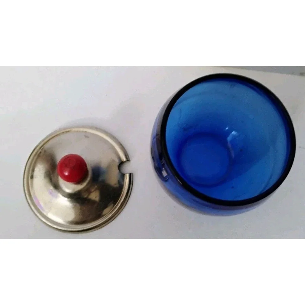 Vintage Art Deco Hazel-Atlas Cobalt Blue Glass Jam Jar with Notched Chrome Lid